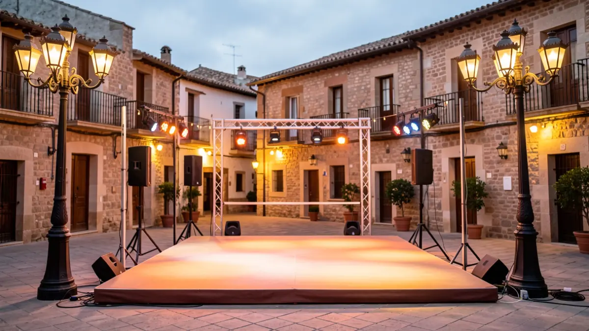 Escena de festival al aire libre en una plaza de pueblo español al atardecer.