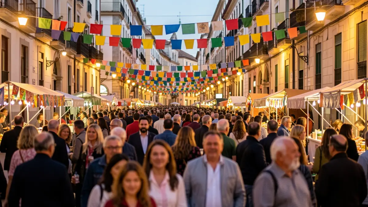 Generic image of a neighborhood festival in Madrid with people and lights.