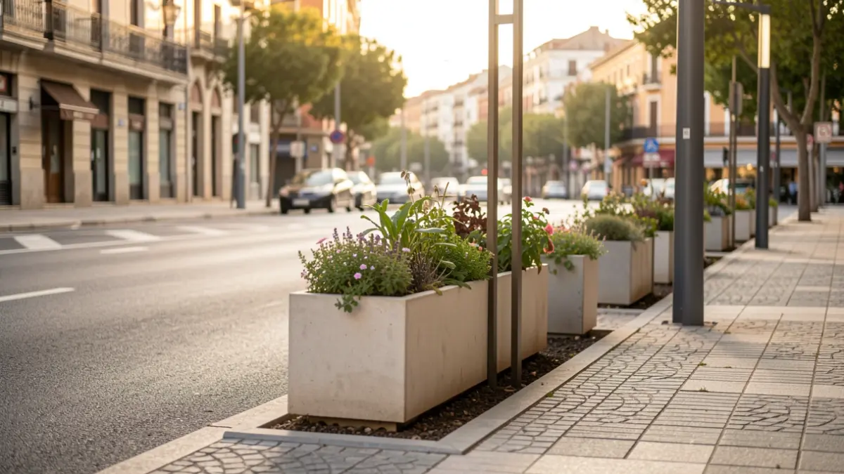 Imagen de la calle Oberón remodelada en Moratalaz, Madrid, con plataforma única y zonas ajardinadas.