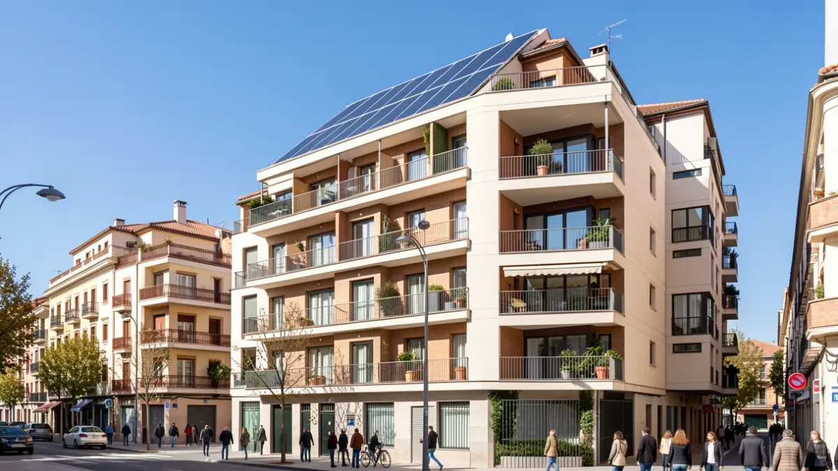 Edificio de viviendas de nueva construcción en Madrid con sistemas de aerotermia.