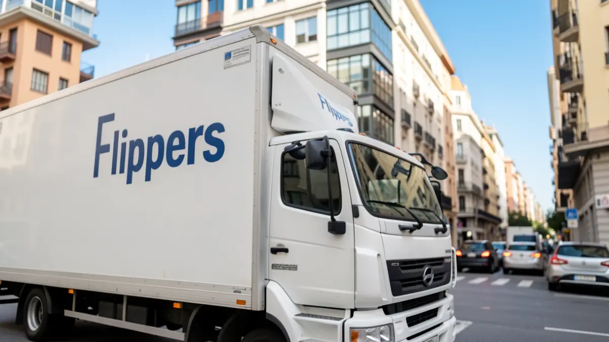 Moving truck from the company Flippers on a street in Madrid.