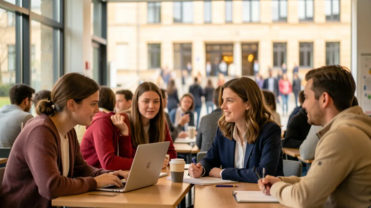Imagen de estudiantes en un aula moderna, algunos mirando un portátil y otros conversando, con un edificio universitario al fondo.