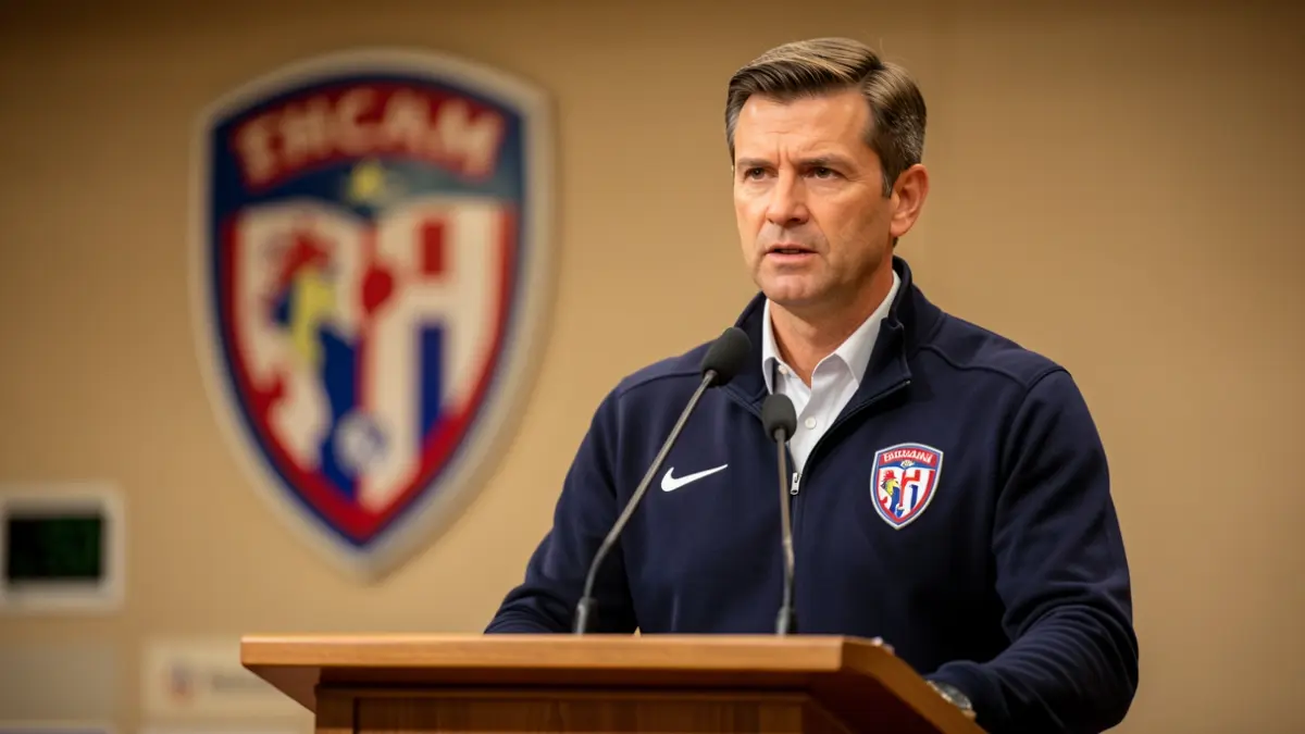 Imagen genérica de un entrenador en una rueda de prensa en un estadio.