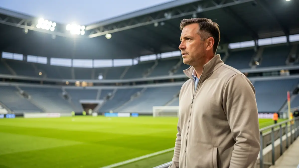 Generic image of a football coach on the sidelines of an empty stadium.