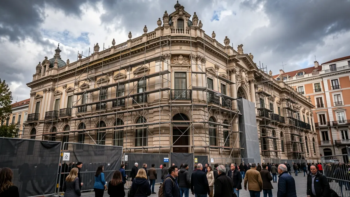 Fachada de un edificio histórico en Madrid con andamios y barreras de construcción.