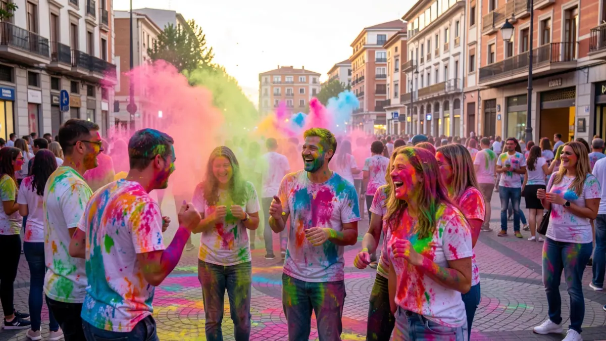 Generic image of a colorful powder fight in a public square at dusk.