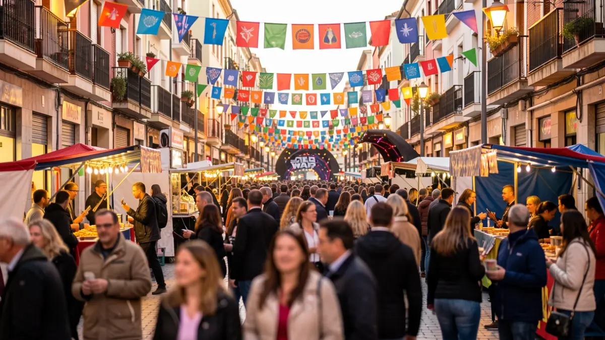 Imagen genérica de un festival en Fuenlabrada con puestos de comida y decoración temática.