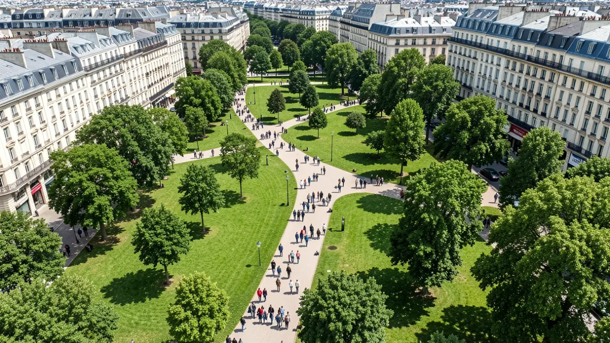 Generic image of an urban park with paths and trees, integrated into the city.