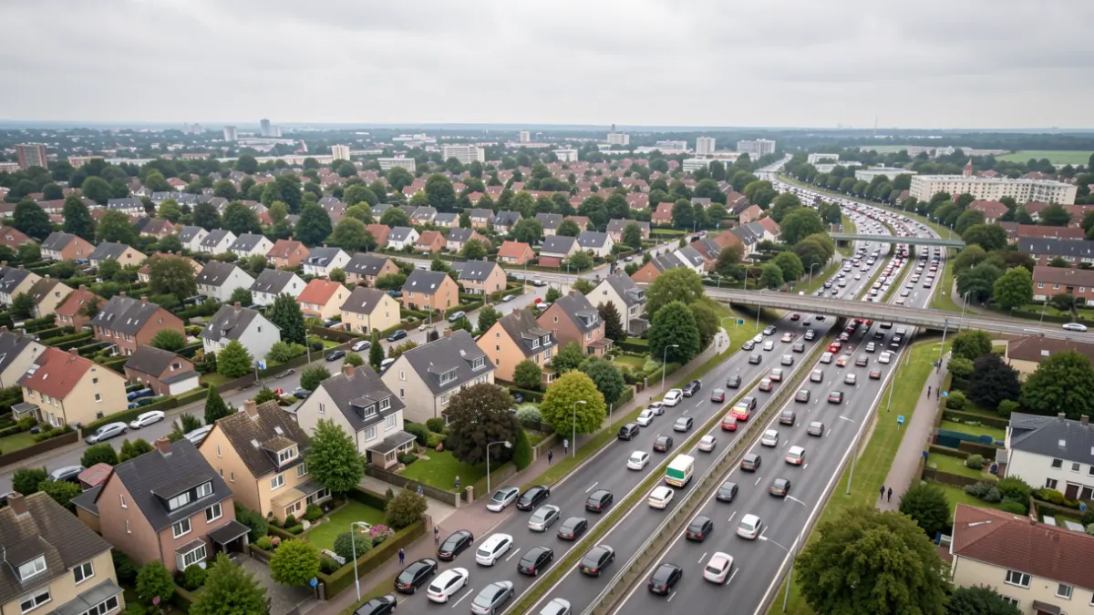 Vista aérea de una urbanización residencial con una carretera principal cercana y tráfico desviado.