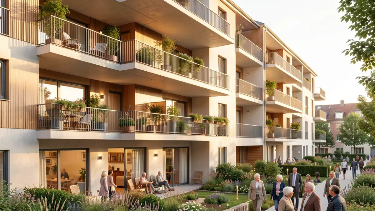 Apartment building for seniors with common areas and sustainable architecture.