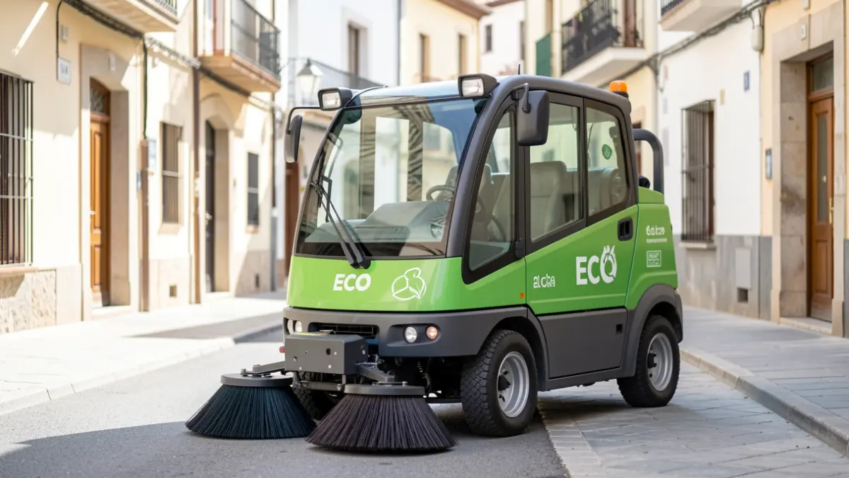 Image of a modern urban cleaning vehicle with ECO label in Fuenlabrada.