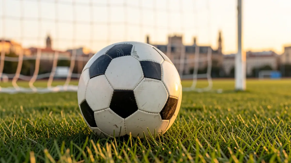 Generic image of a football on grass with the goal net out of focus.