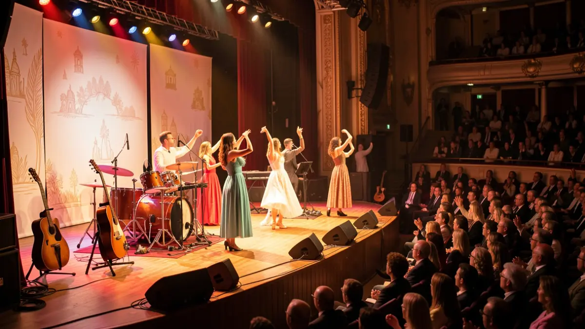 Stage scene with musical instruments and dancers during a charity gala.