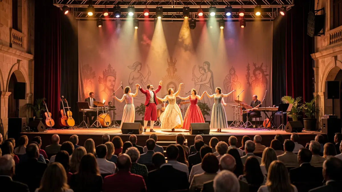 Imagen genérica de un escenario preparado para una gala benéfica con elementos de danza y música.