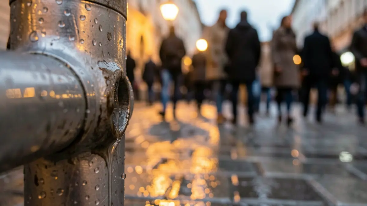 Close-up of a water pipe with a slight leak, reflecting the warm glow of streetlights on wet pavement.