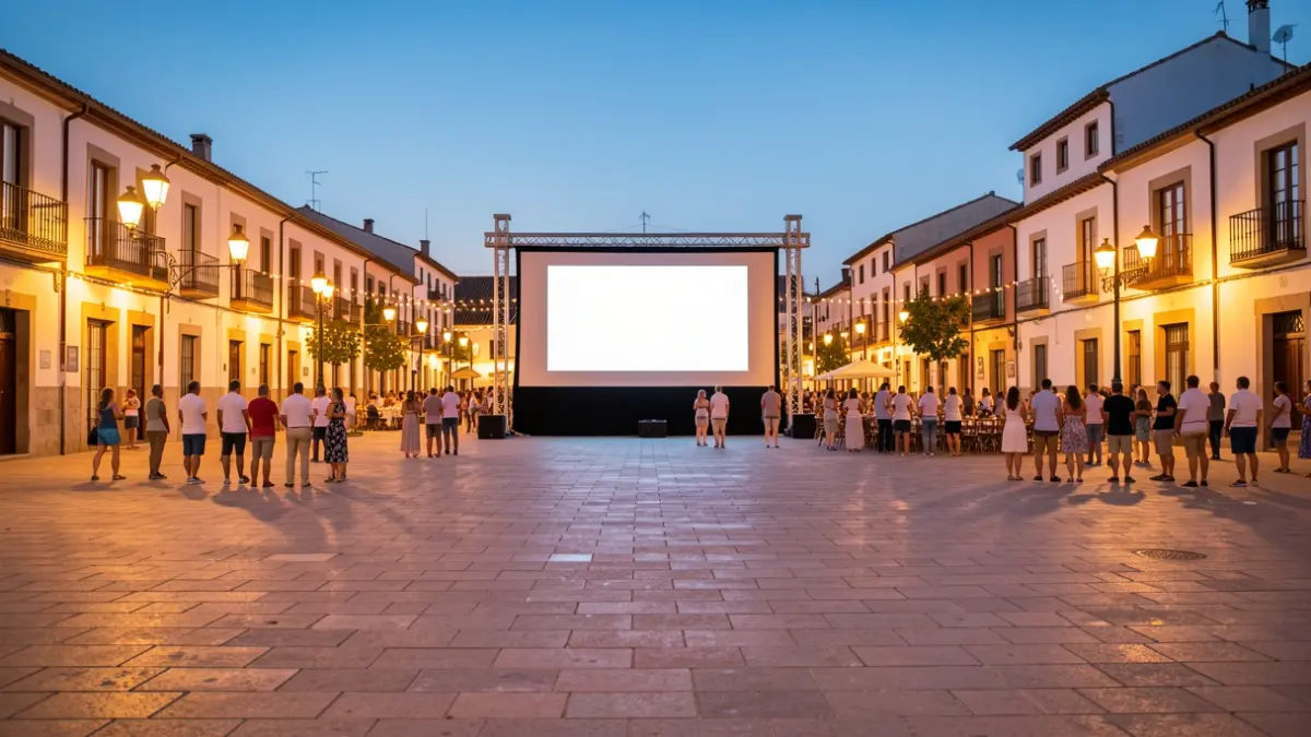 Generic image of a Spanish town square at night with an outdoor cinema screen set up.