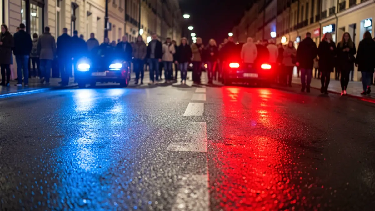 Generic image of police emergency lights reflecting on wet asphalt at night.