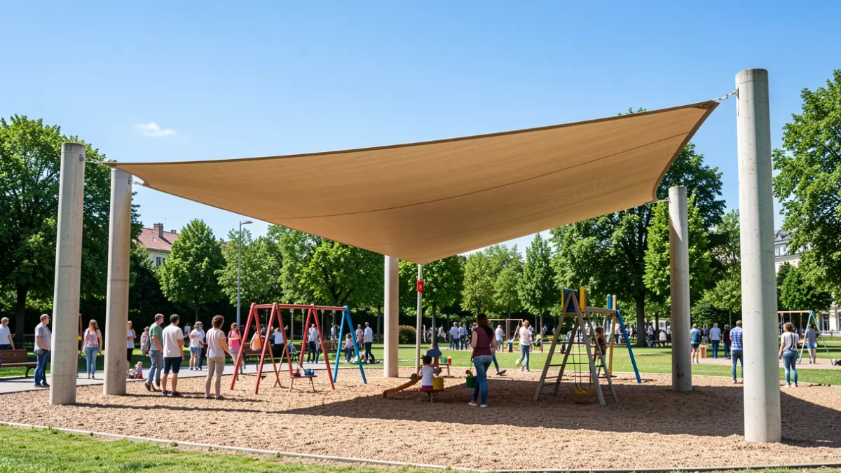 Estructura de sombra textil triangular cubriendo una zona de juegos infantiles en un parque.