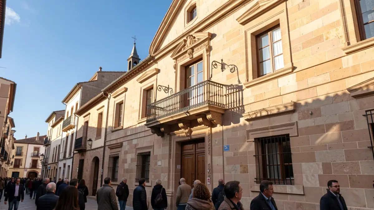 Facade of a town hall with a balcony and iron railings, afternoon light.