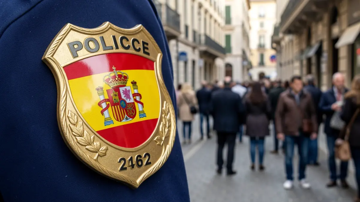 Police badge with Spanish flag reflection on a dark blue background.