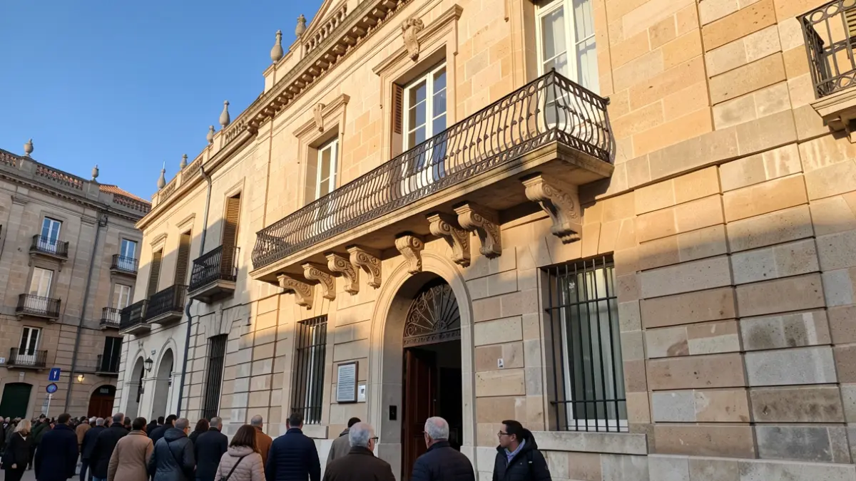 Fachada de piedra del Ayuntamiento de Getafe con balcón y barandillas de hierro, luz cálida de la tarde.
