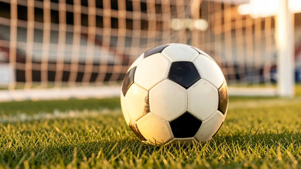Generic image of a soccer ball on grass with the goal blurred in the background.