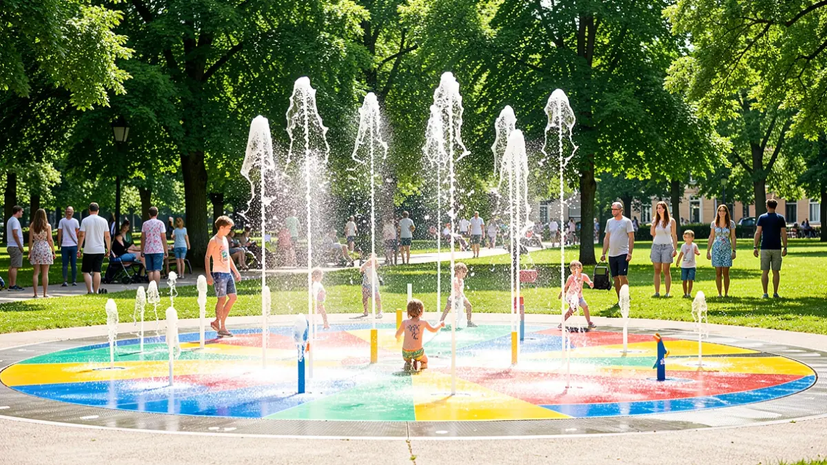Imagen genérica de una fuente infantil con chorros de agua en un parque soleado.