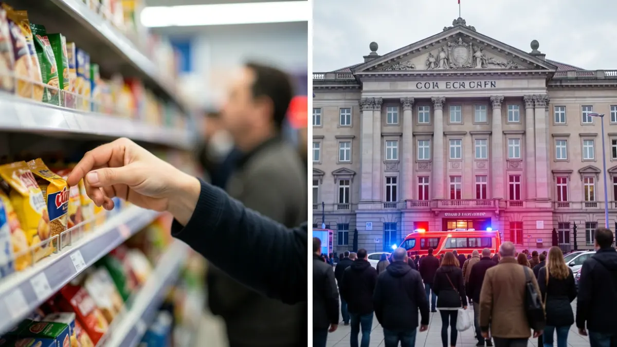 Imagen dividida: primer plano borroso de una mano en un supermercado y la fachada del Ayuntamiento de Getafe con luces de emergencia.