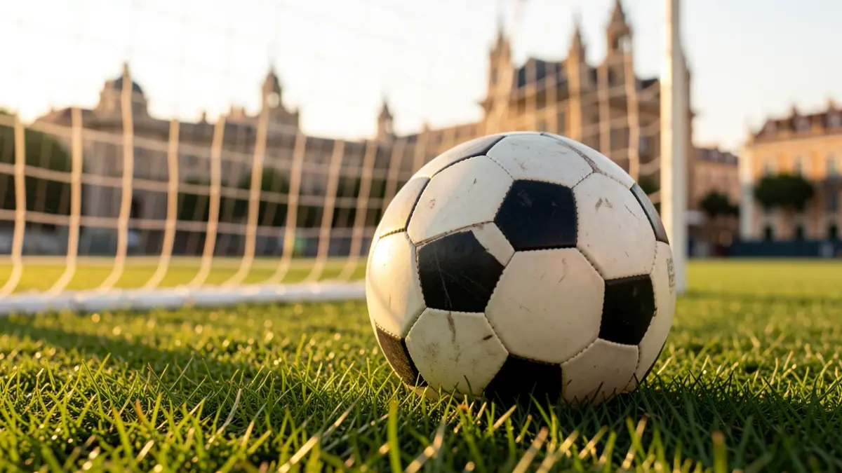 Primer plano de un balón de fútbol sobre césped, con la red de la portería desenfocada al fondo.