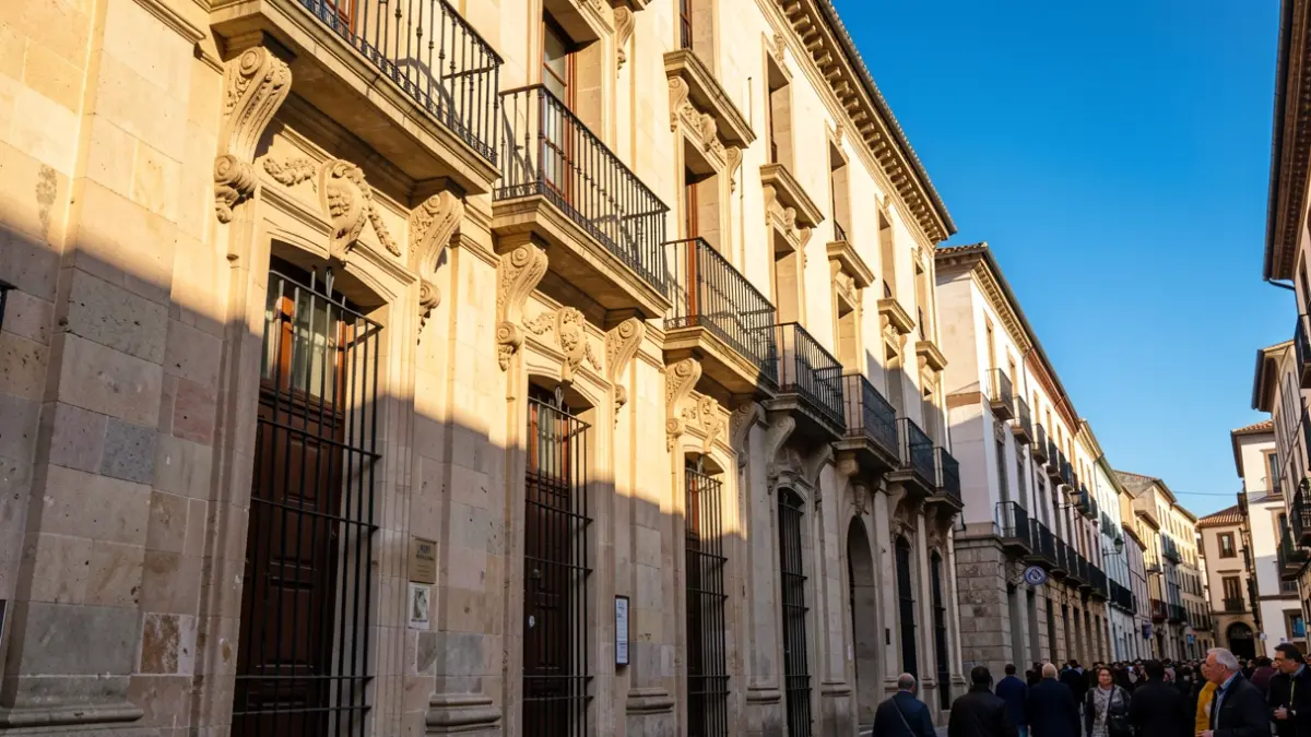 Facade of a traditional Spanish town hall with ornate details, under warm afternoon light.