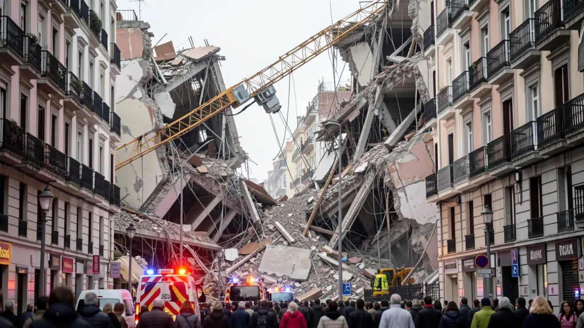 Image of a collapsed construction crane and the damage caused to buildings in Madrid.