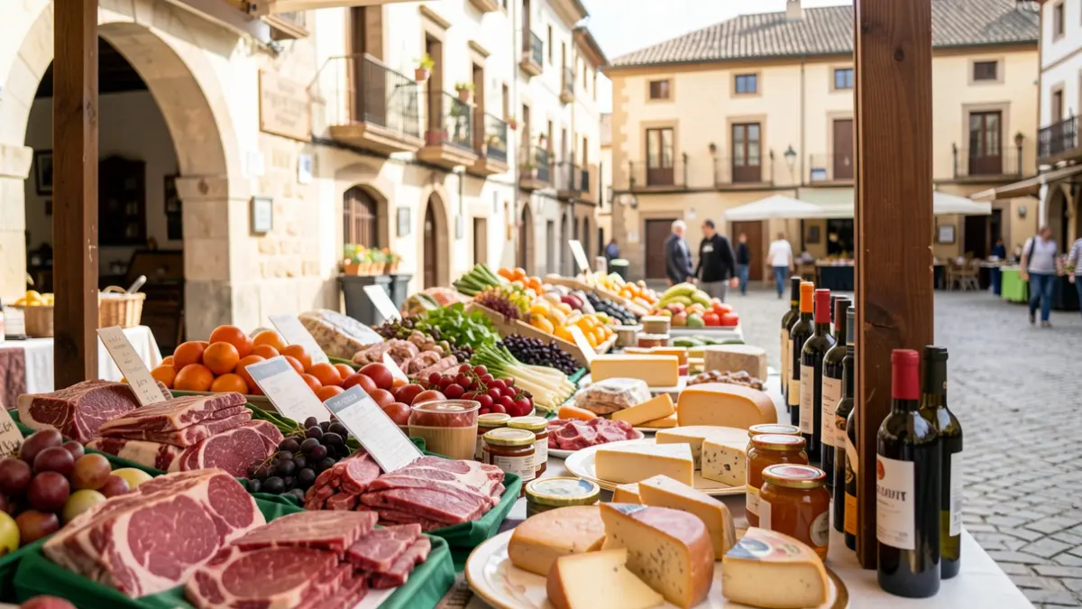 Puesto de mercado con productos agroalimentarios frescos en una plaza de pueblo.