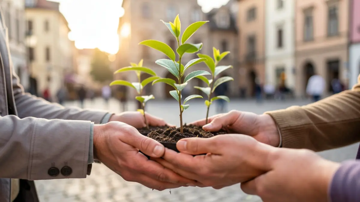 Generic image of small trees being distributed at a public event.