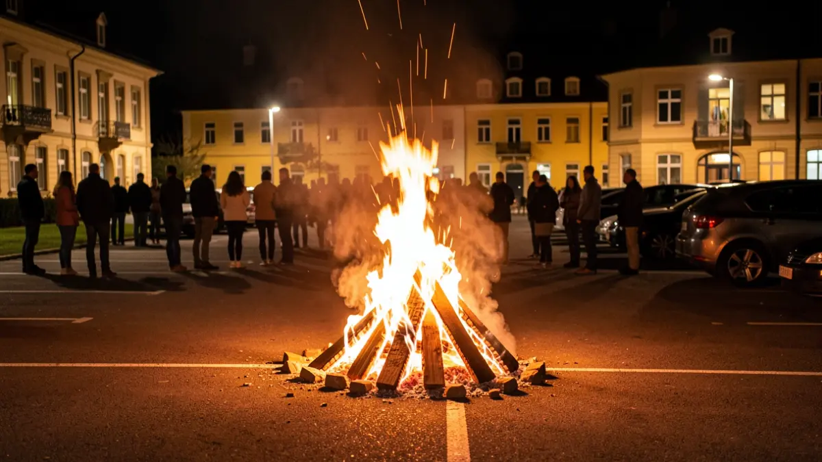 San Juan bonfire in a parking lot at night.