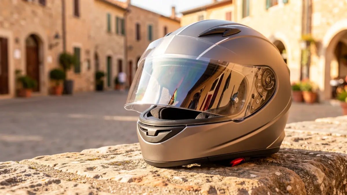 Image of a motorcycle helmet on a stone wall in a town square.