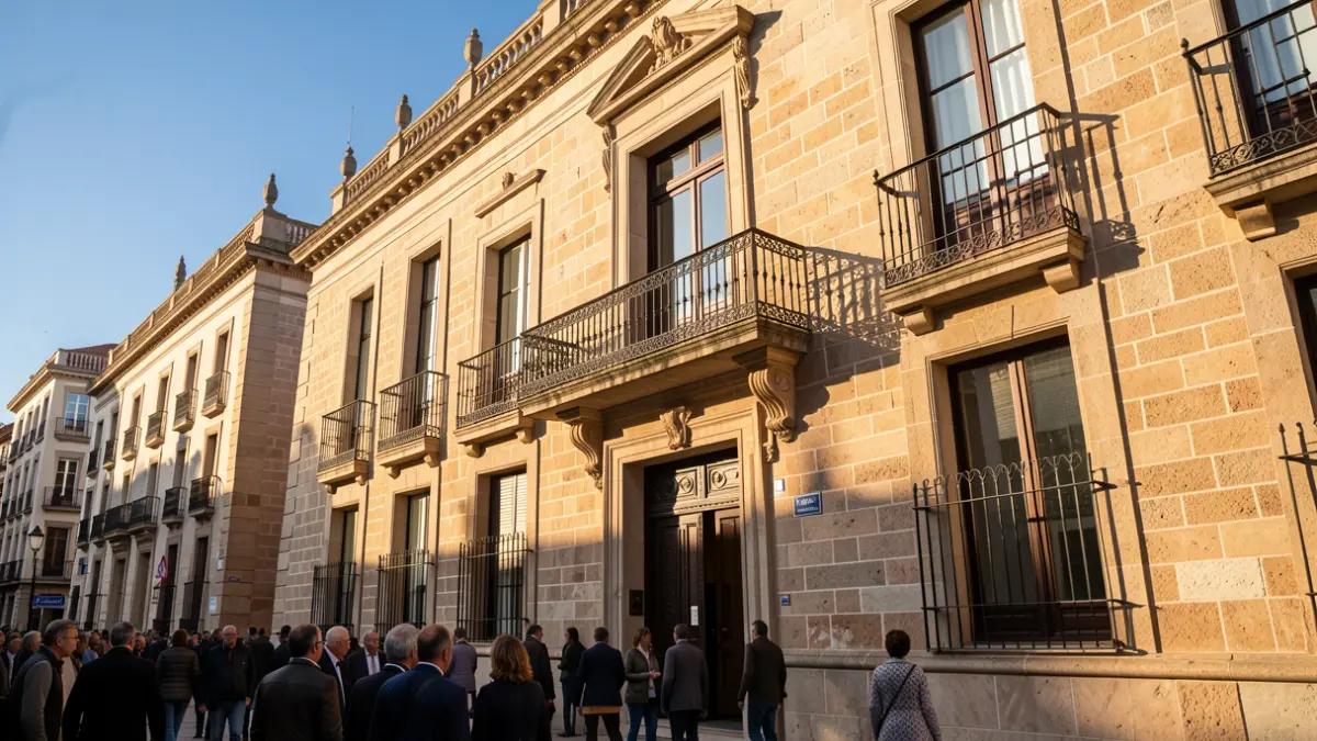 Fachada de un ayuntamiento de la Comunidad de Madrid con balcón y barandillas de hierro, luz cálida de la tarde.