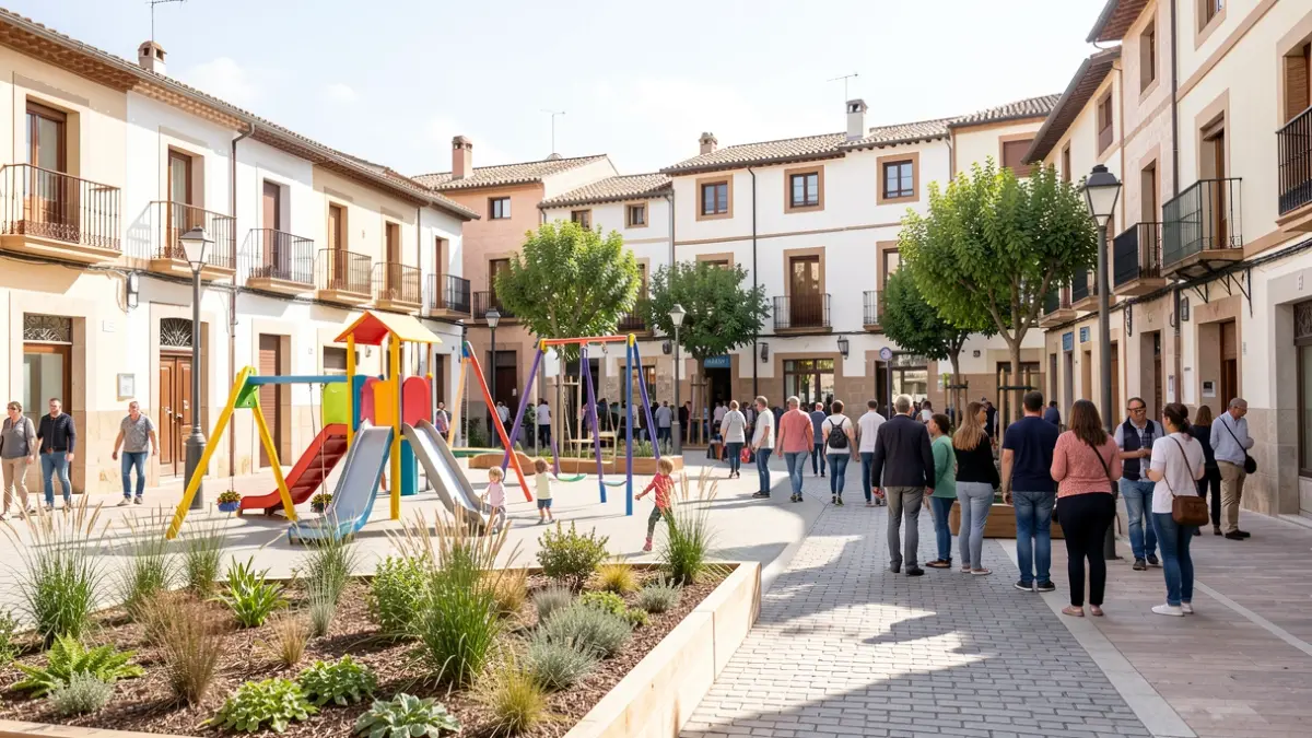 Generic image of a renovated public square in Guadarrama with play areas.