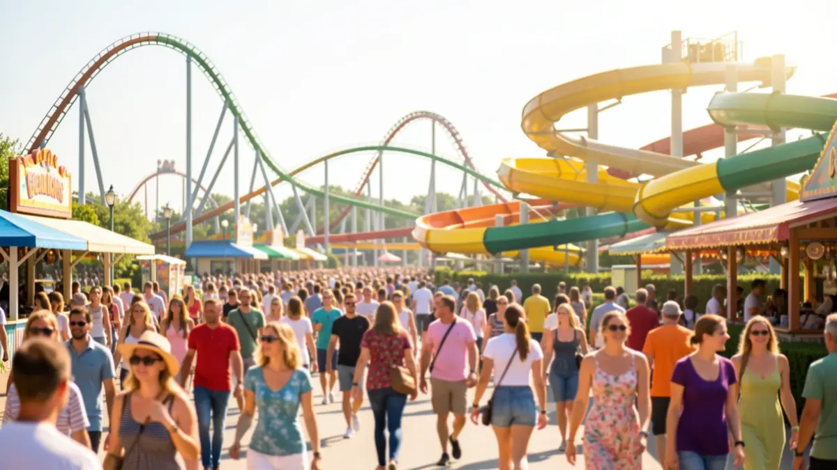 Generic image of a theme park entrance with people enjoying the summer.