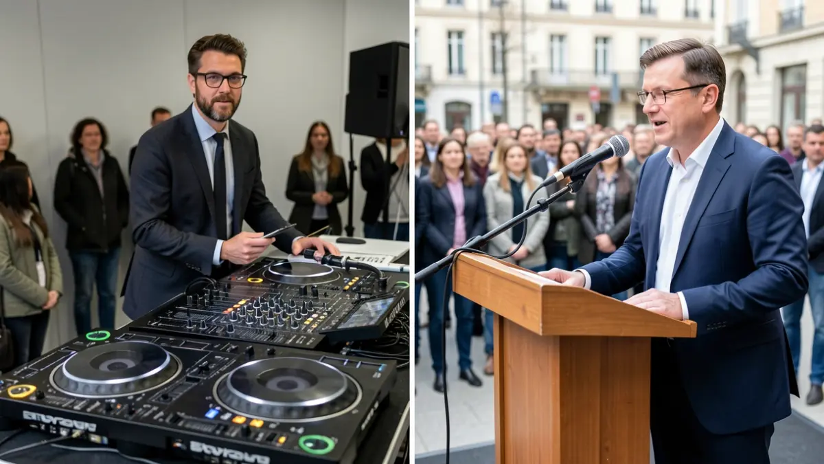 Split image showing a DJ booth and a microphone on a podium, representing the conflict.