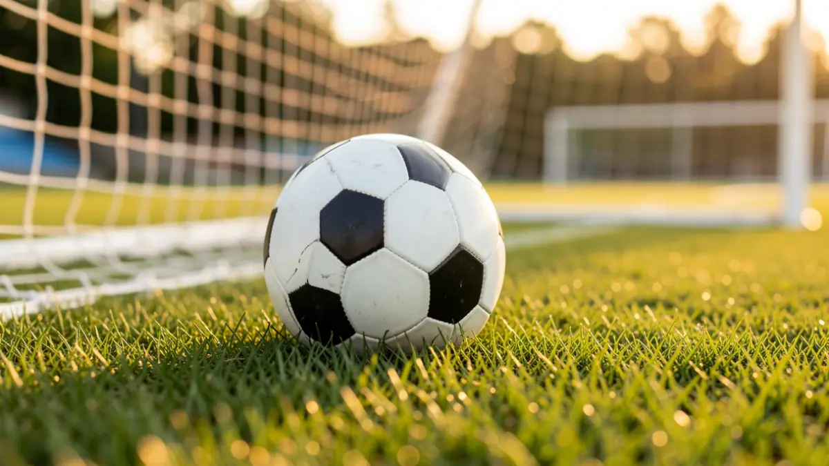 Imagen genérica de un balón de fútbol sobre césped con la red de portería desenfocada.