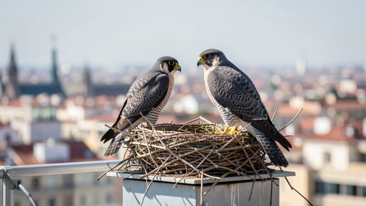 Imagen de una pareja de halcones peregrinos en su nido en la azotea de un hospital en Madrid.