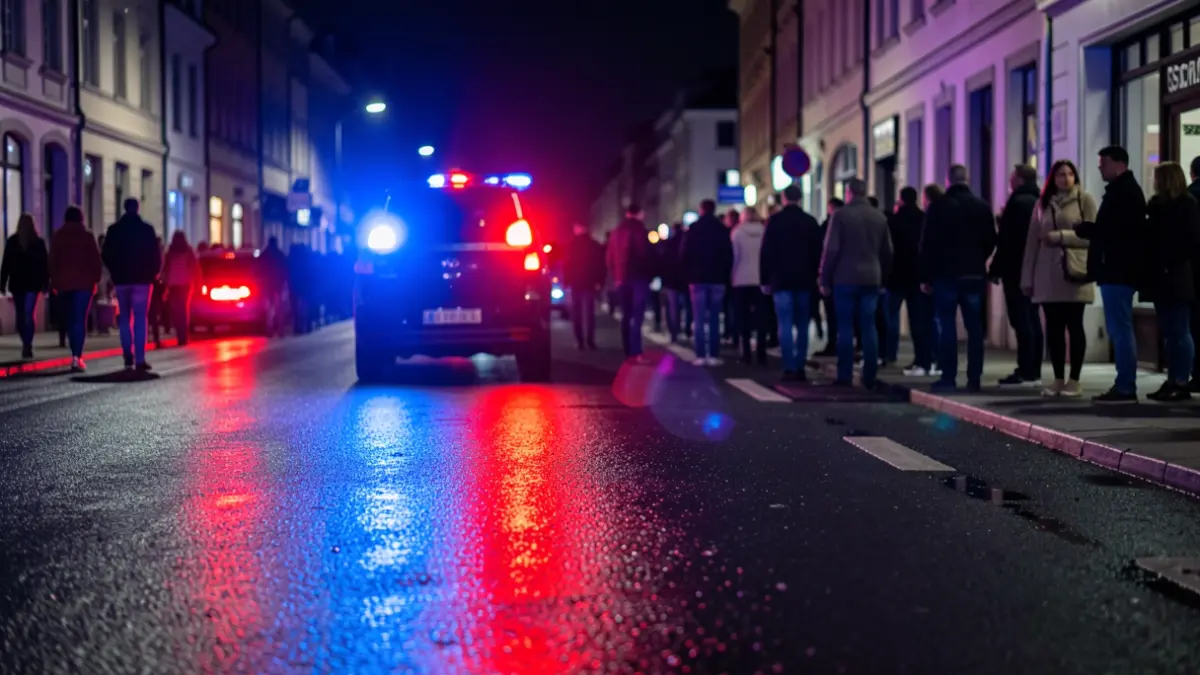 Generic image of police emergency lights reflecting on wet asphalt at night.