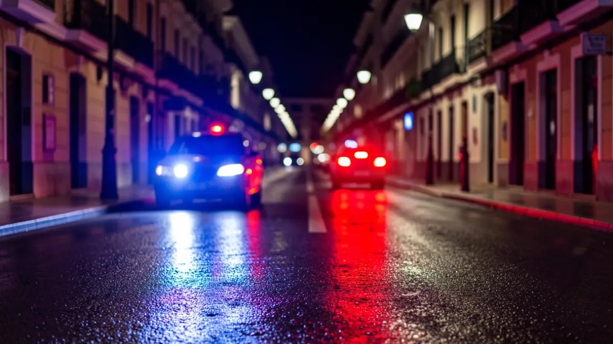 Generic image of police emergency lights reflecting on wet asphalt at night.