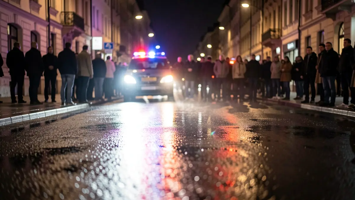 Generic image of emergency lights reflecting on wet asphalt at night.
