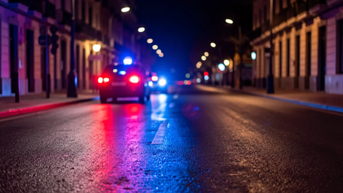 Imagen genérica de luces de emergencia policiales reflejándose en el asfalto mojado por la noche.
