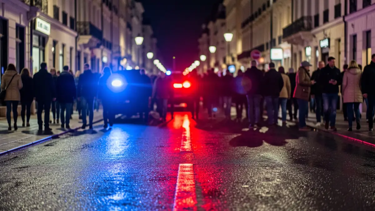 Generic image of police emergency lights reflecting on wet asphalt at night.
