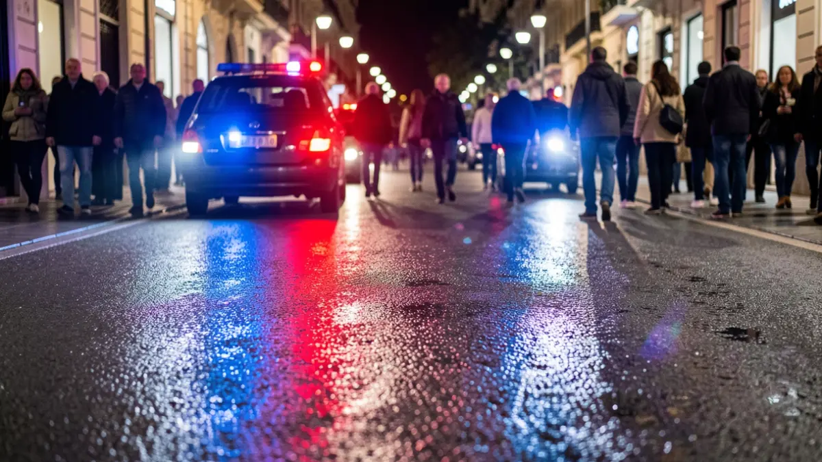 Imagen genérica de luces de emergencia azules y rojas reflejándose en el asfalto mojado por la noche en una calle de Madrid.