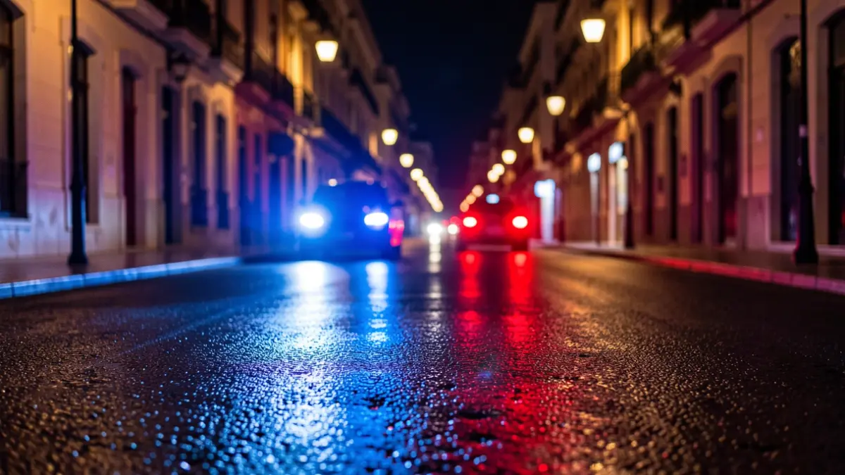 Generic image of police emergency lights reflecting on wet asphalt at night.
