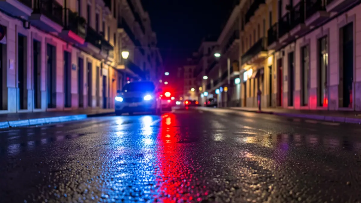 Imagen genérica de luces de emergencia policiales reflejándose en el asfalto mojado por la noche.