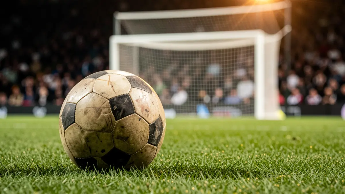 Generic image of a soccer ball on grass with the goal blurred in the background.